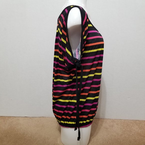 Mix & Co. top Medium NWT striped tie cuffs cold shoulder ruched neck elastic hem - Picture 4 of 11